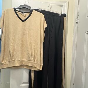 Beige and Black V-Neck Sweater and Pants Set